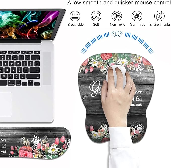 Ergonomic Mouse Pad Wrist Support and Keyboard Wrist Rest Set with Coasters Non-Slip PU Base Easy Typing &amp Pain Relief for Computer Laptop Home Office Floral Quote Bible Verse Psalm 46:5