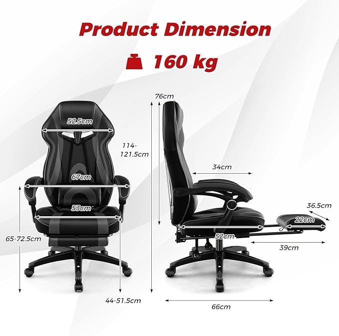 COSTWAY Gaming Chair Ergonomic Adjustable Racing Video Game Chair w/Retractable Footrest Padded Headrest &amp Lumbar Support High Back Reclining Home Office Computer Gamer Chair for Adults (Grey)