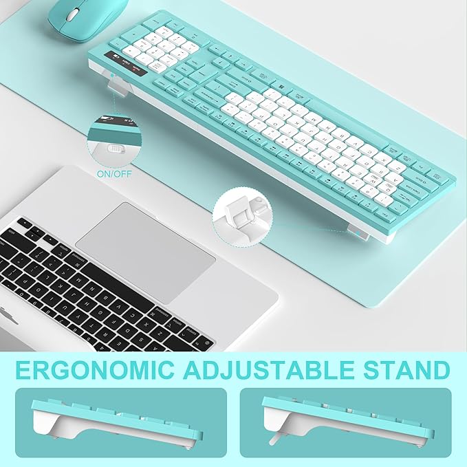 Wireless Keyboard and Mouse Combo Full-Sized Quiet Wireless Keyboard and Adjustable DPI Mouse 2.4GHz USB Receiver Keyboard and Mouse for PC Windows Desktop Laptop (Tiffany Blue and White-B)