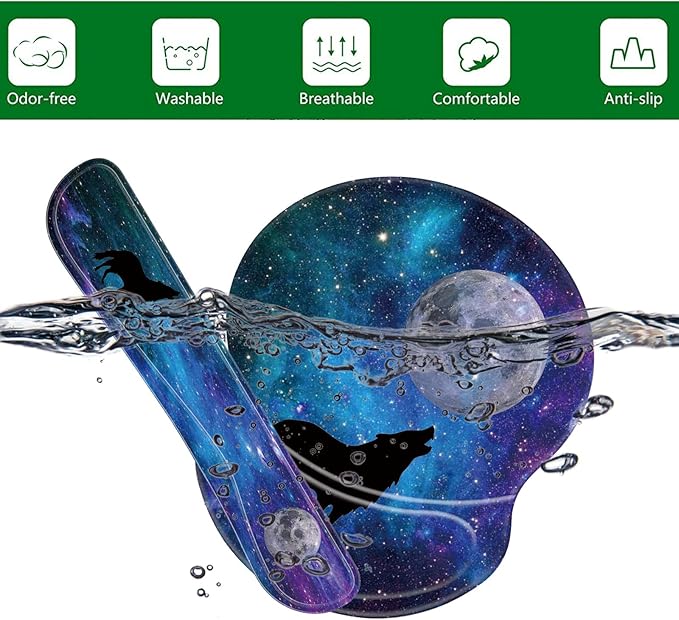 CUISHAN Ergonomic Gel Mouse Wrist Rest Pad and Keyboard Set Anti-Slip PU Bottom Easy Typing Relieve Pain with Cute Coaster Set (3-Fantasy Wolf Moon Galaxy)