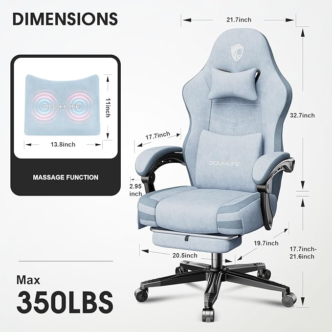 Gaming Chair Fabric Computer Office Chair with Massage Ergonomic Chair with Footrest Lumbar Support Pocket Spring Widened Cushion Metal Legs 350LBS Blue