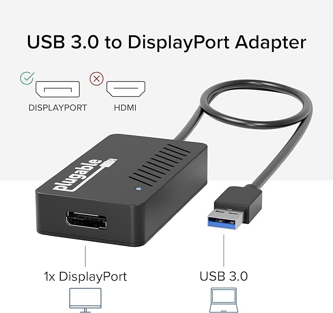 Plugable USB 3.0 to DisplayPort 4K DisplayLink Video Graphics Adapter for Multiple Monitors up to 3840x2160 Supports Windows Mac and ChromeOS