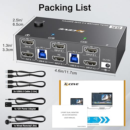 8K HDMI KVM Switch 2 Monitors 2 Computers 8K@60Hz 4K@144HzMLEEDA USB 3.0 Dual Monitor KVM Switch for 2 Computer Share 2 Monitor and 4 USB DevicesWired Remote12V Power Adapter and USB Cable Included