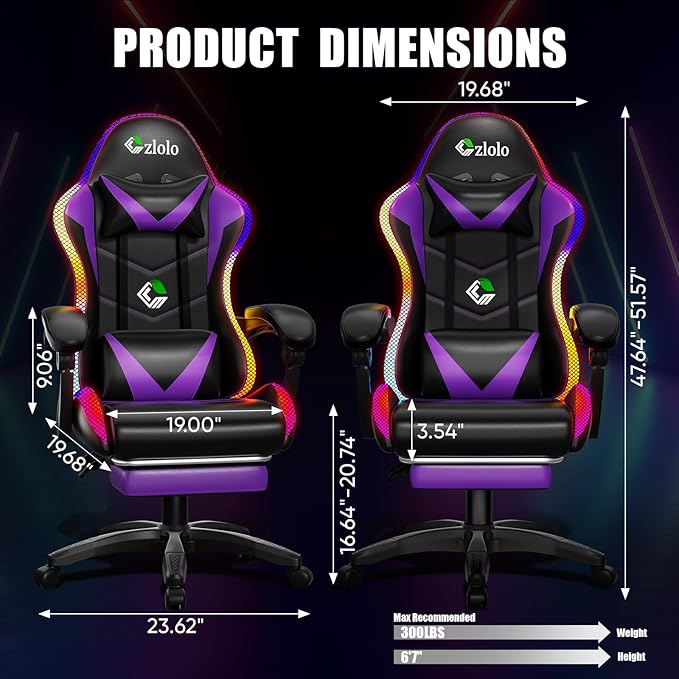 Gaming Chair RGB LED Lights Computer Chair with Footrest Lumbar Support Massager Gamer Chair High Back 90-135° Reclining Linkage Armrests Purple
