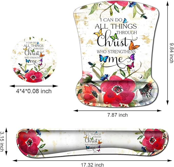 Mouse Pad with Wrist Support Ergonomic Memory Foam Keyboard Wrist Rest Comfortable Mouse Pad for Gaming/Working Gel Desk Pad Non-Slip PU Base Philippians 4-13 Watercolor Red Flower White Mousepads