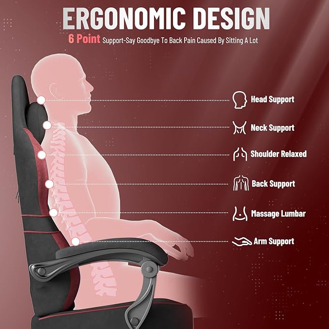 Ferghana Gaming Chair Velvet Fabric Comfortable Computer Chair with Footrest and Linkage Armrest Ergonomic High Back Game Chair with Massage Lumbar Support for Adult Black/Red