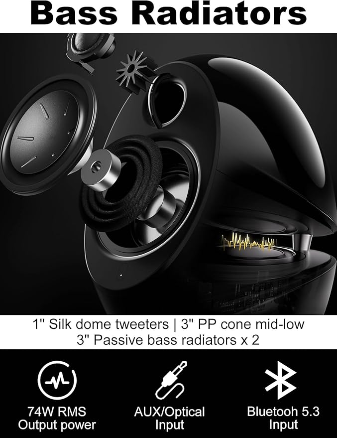 Edifier e25HD PC Speakers with Passive Bass Radiators &amp Bluetooth 5.3 LDAC for Desktop - Optical Input- 74W Near Field Powered Bookshelf Hi-Res Speakers with 24bit/96KHz Wired &amp 990Kbps Wirele