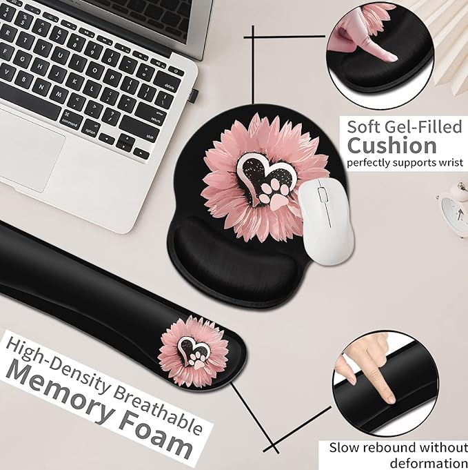 Mouse Pad with Wrist Support Ergonomic Gel Mouse Pad Memory Foam Keyboard Wrist Restfor Office Typing Games Sunflower and Dog Paw Print Pet and Pink Flowers Desktop Decoration