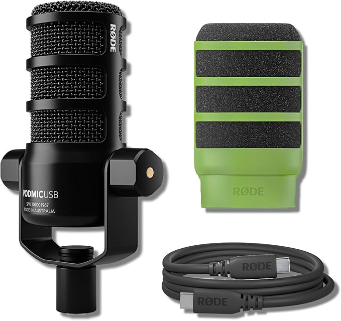 Rode PodMic USB Dynamic Broadcast Microphone (Black) with Green WS14 Pop Filter