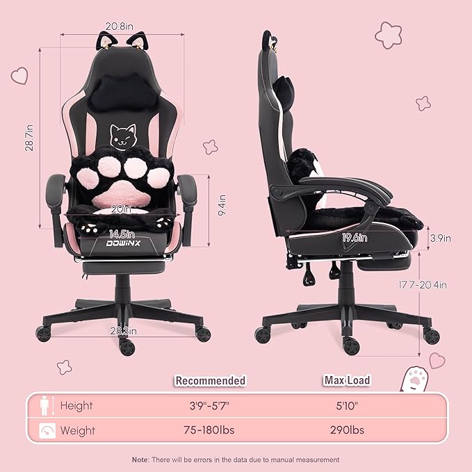 Dowinx Gaming Chair Cute with Cat Ears and Paw Lumbar Ergonomic Computer Chair for Girl with Footrest and Headrest Comfortable Reclining Game Chair 292lbs for Adult Teen Black