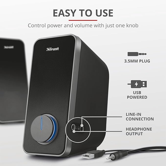 Trust Arys 2.0 PC Speakers 28 W Peak Power 3.5 mm Aux USB Powered Volume Control Headphone Connection Stereo Computer Speaker Set for Desktop Laptop Tablet Phone - Black [Amazon Exclusive]