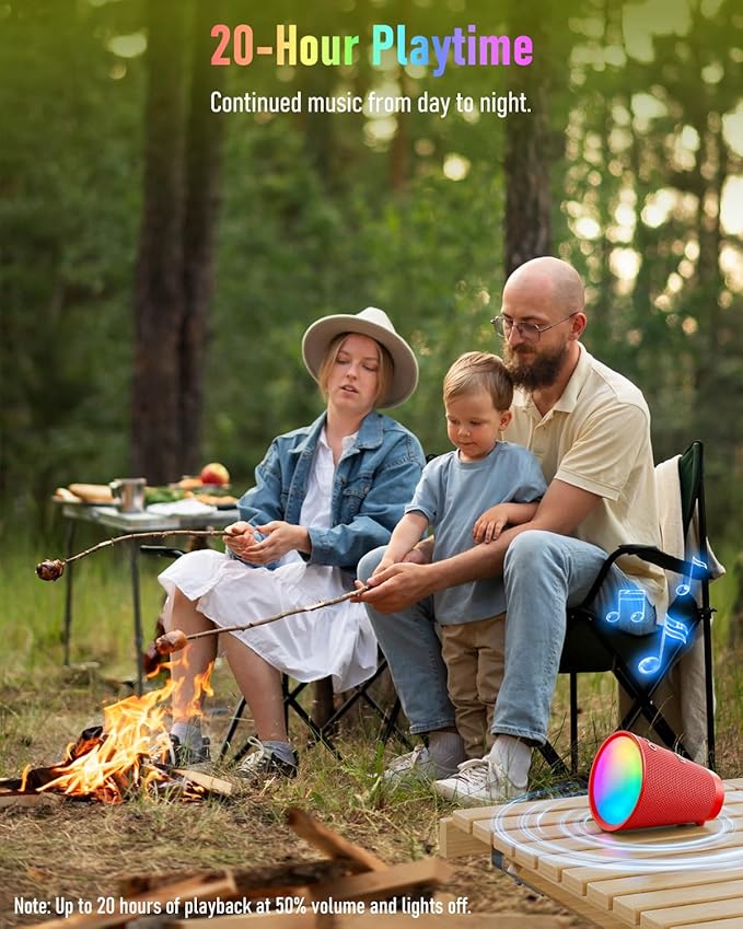 Portable Bluetooth Speaker Wireless with 9 Color Lights 20H Playtime Stereo Pairing Deep Bass IPX6 Waterproof Bluetooth 5.3 Small Speaker for Home Party Outdoor Camping Beach Gift