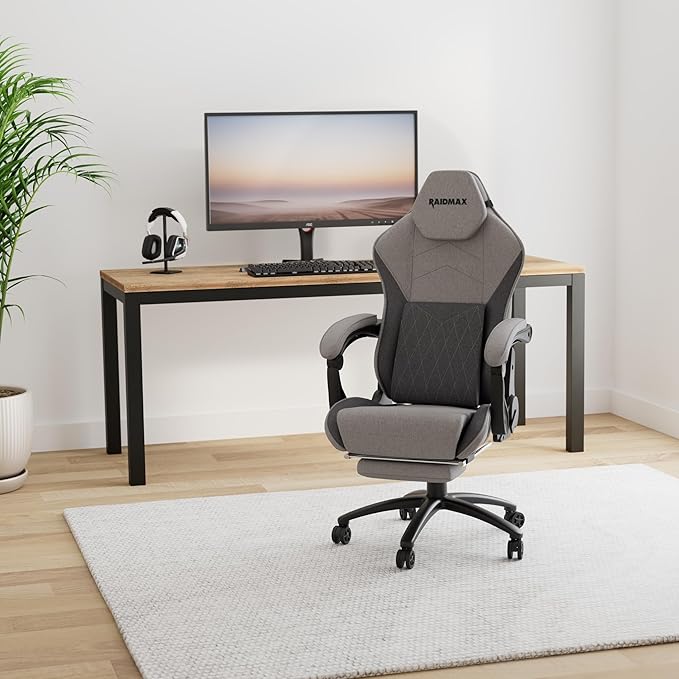 Raidmax Advenced DK719 Series Computer-Gaming-Chairs Soft Breathable Fabric XL Size Gaming Chair Heavy Duty Gas Lift and Metal Base Foam Padded Armrest and Retractable Footrest