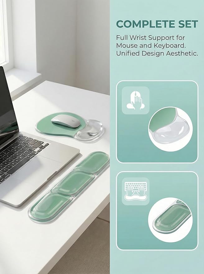 AUPET Ergonomic Gel Mouse Pad and Keyboard Wrist Rest Set Crystal Gel Cushion Support PU Base Smooth Tracking Surface Easy to Clean Desk Accessories for Office Home Laptop (Gradient Mint Green)