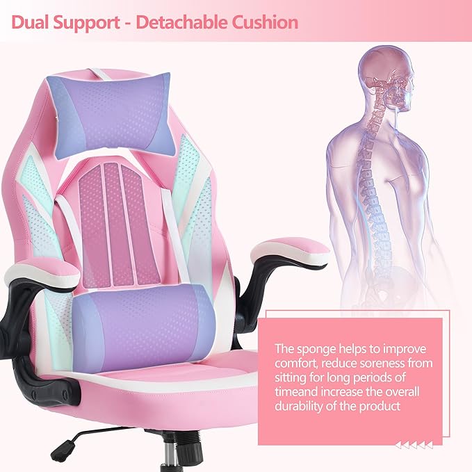 OLIXIS Computer Gaming Desk Chair - Ergonomic Video Game with Comfy Lumbar Support and headrest PU Leather with Flip-up Arms Adjustable Height and Swivel Wheels for Adults Pink
