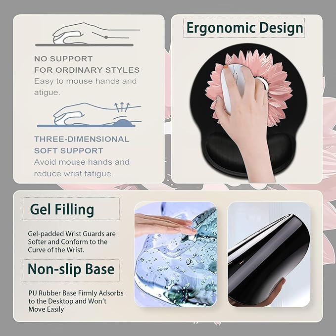 Large Mouse Pad Ergonomic Mouse Pad with Wrist Rest and Keyboard Wrist Rest 4 in 1 Set 31.5 x11.8 inch Extended Desk Pad for Home Office Cute Pink Sunflower Pattern XXL Black Gaming Mouse Mat