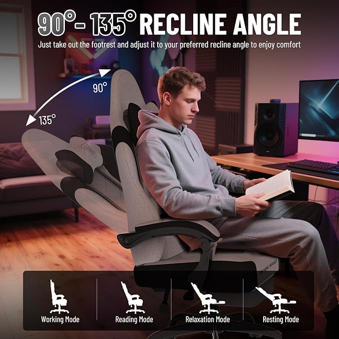Ferghana Cotton Fabric Gaming Chair with Wider Seat Cushion Shield-Shaped Embroidery Ergonomic High Back Game Chair with Footrest Computer Chair with Massage Lumbar Support for Adult White