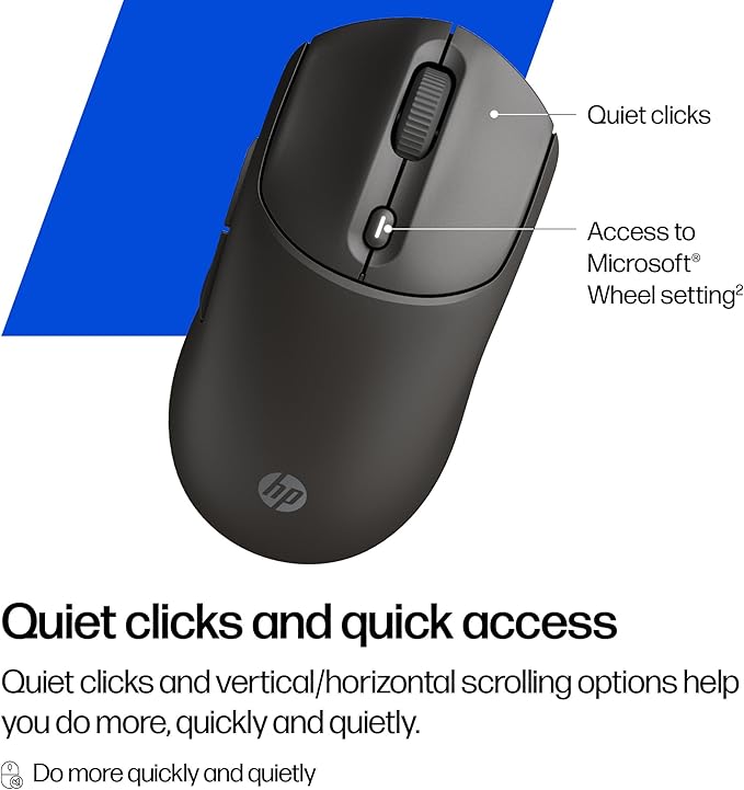 HP 400 Quiet Wireless Mouse Dual Bluetooth &amp 2.4GHz Soft Silicone Quiet Clicks Microsoft Wheel 24-Month Battery 6000 DPI Ambidextrous Eco-Friendly Design Multi-OS Black