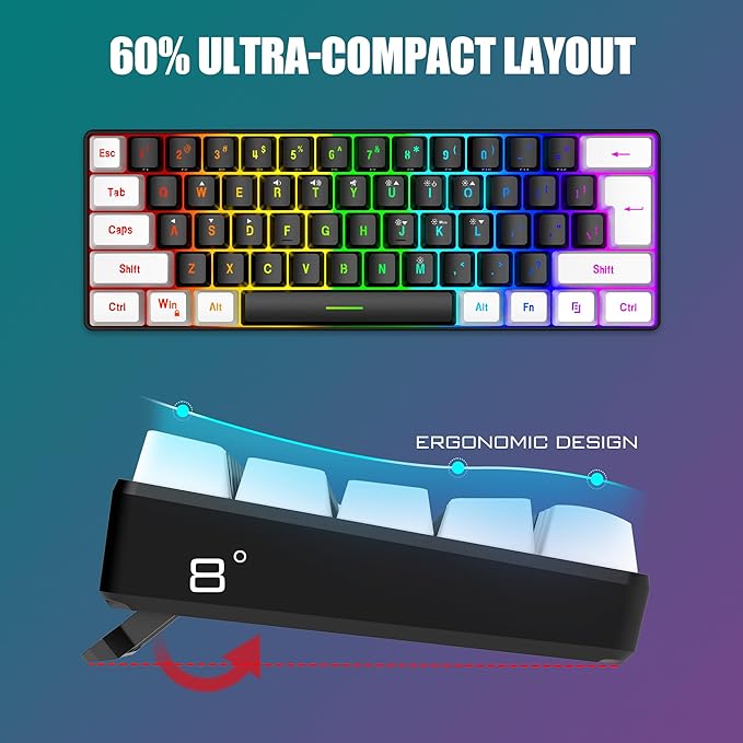 RedThunder 60% Gaming Keyboard and Mouse Combo Ultra-Compact 61-Key RGB Backlit Mini Keyboard Lightweight 7200 DPI Honeycomb Optical Mouse RGB Wired Gaming Set for PC PS5 Xbox Gamer(Black-White)