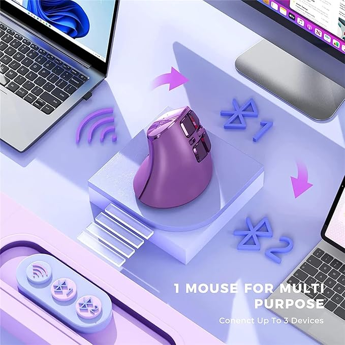 Vertical Mouse Wireless Ergonomic Optical Mouse (BT 5.0 + Bluetooth 3.0 + USB Connection) with 9 Buttons Rechargeable Computer Mouse for Wins PC/Laptop Mac (Purple)