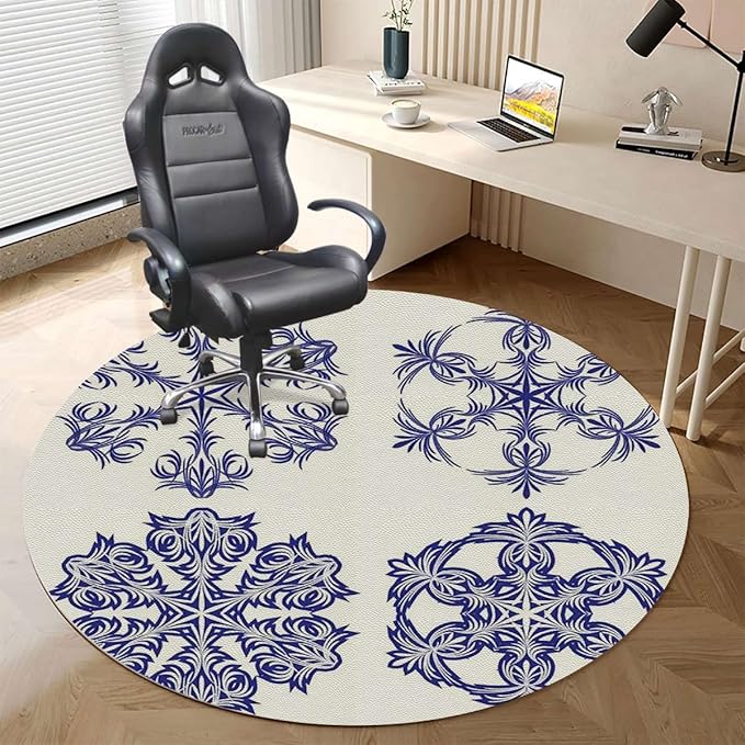 Navy Blue White PU Leather Round Area Rug Swivel Chair Mats for Hardwood Floor Old Fashioned Motifs Floor Protector Office Chair Mat Gaming Chair Mat Blue and White Diameter 39.4 in