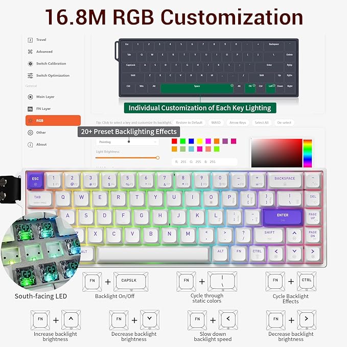 Hexgears HK-K22 Gaming Keyboard with Hall Effect Magnetic Switch Rapid Fast Magnetic Keyboard with Adjustable Trigger 8000Hz Polling RGB Backlit 65% Compact Keyboard Design for PC(White)