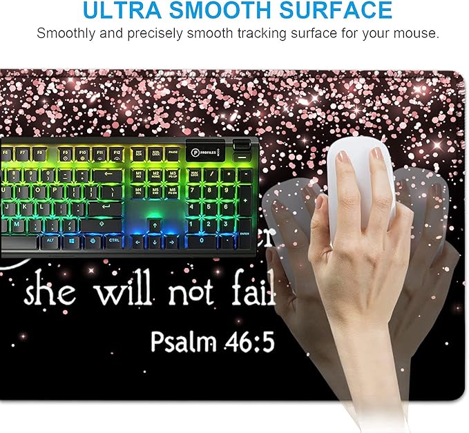 Large Mouse Pad with Wrist Support SetMemory Foam Keyboard Wrist Rest+Extended Gaming Mouse Pad+Ergonomic Mouse Wrist Rest Laptop Desk Writing Mat Psalm 46:5 Rose Gold Glitter Black Office Desk Pad