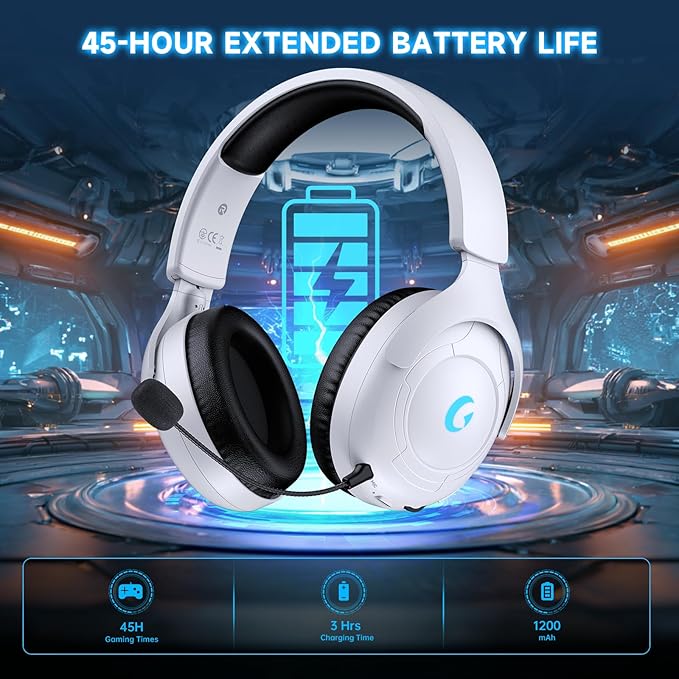 Wireless Gaming Headset for PS5/PS4PCSwitchMac 2.4GHz Gaming Headset with Mic 45H Battery Surround Sound Noise Cancelling Over Ear Headphones Bluetooth 5.3 for Xbox Needs 3.5mm Cable - White