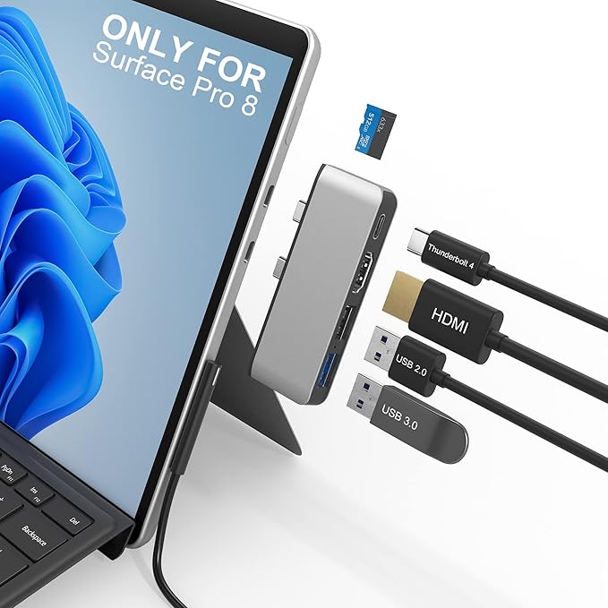 Docking Station for Surface Pro 8 with 4K HDMI USB-C Thunerbolt 4 (Display+Data+PD Charging) USB 3.0 USB 2.0 TF Card Slot Triple Display (Pro 8+HDMI+USB C) USB Hub for Pro8