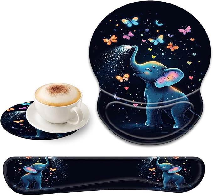 Bxgolkgd Ergonomic Gel Mouse Wrist Rest Pad and Keyboard Pad SetAnti-Slip PU Bottom Easy Typing and Relieve Wrist Pain with Cute Coaster Set (3-Cute Elephant and Butterfly)