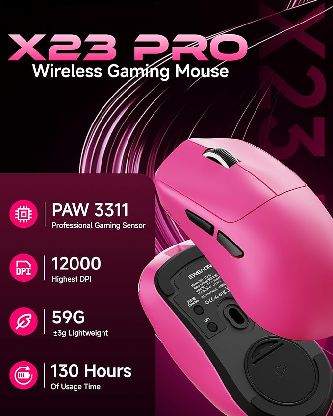X23Pro Wireless Gaming Mouse 59g Ultra-Lightweight 800mAh Rechargeable Mouse PAW3311 Sensor 12000 DPI Tri-Mode Wireless Mouses with 6 Programmable Buttons Grip Tape for PC/Mac Pink