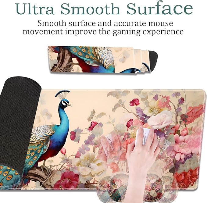 Large Gaming Mouse Pad + Wrist Rest + Lace Coaster Non-Slip Set with Sewn Edges and Waterproof Expandable Desktop Pad Suitable for Office/Home Peacock and Flowers