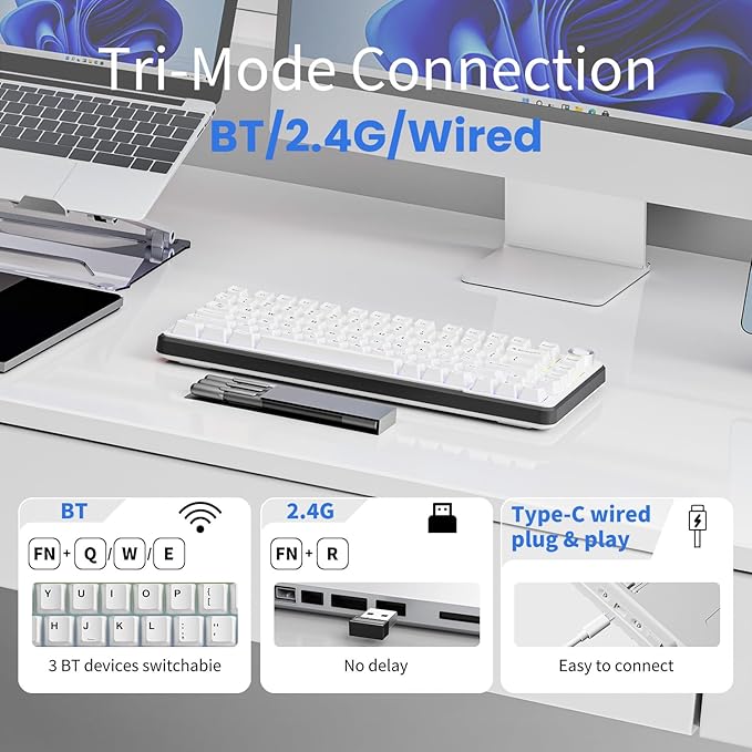 EWEADN GS75 Wireless Mechanical Keyboard ASMR 75% Gaming Keyboard Gasket Hot Swappable Custom Keyboards with RGB Knob PBT Keycaps BT5.0/2.4G/USB-C Creamy Keyboards White