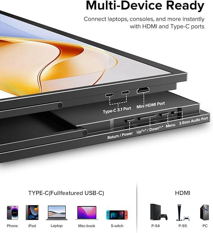 Portable Monitor 4K 23.8 3840x2160 UHD 24 QLED Large Monitor 400 Nits | 100% DCI-P3 | USB-C &amp HDMI | VESA &amp Stand | Second Screen for Computer Mini PC Game Consoles