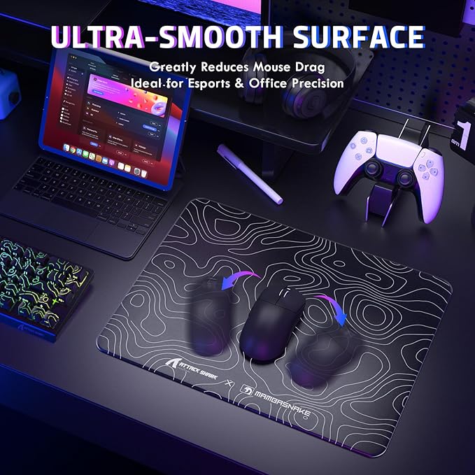 ATTACK SHARK CM05SE Glass Gaming Mouse Pad Black Topographic Hard Mousepads for Gaming Professional Large Mouse Mat 410mm*310mm*5mm Nano-Textured Glass Surface with Improved Precision and Speed