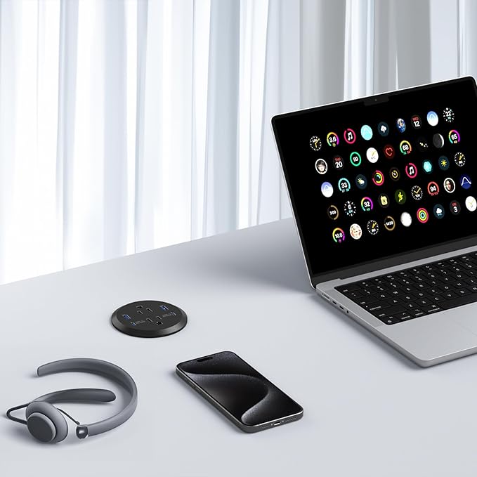 Jgstkcity Desktop Power Grommet 65W USB C Fast Charging Port Flush Mount Recessed Power Strip 3inch Hole2 Outlets4 USB Ports Countertop Outlet (Black 65W USB Port)