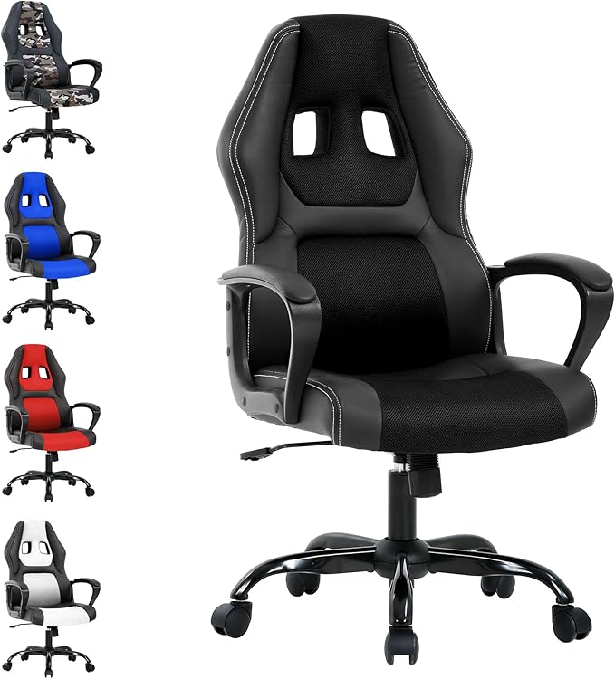 Gaming Chair Max 250LBS Office Chairs with Ergonomic Design Comfortable Office Chair PU Leather with Mesh Back Gaming Chairs with 360-Degree Swivel Gaming Chairs for Adults PC Chair Black