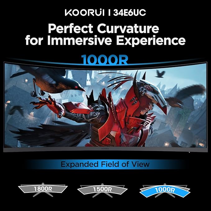 KOORUI 34-inch Ultrawide Curved WQHD 3440×1440 Gaming Monitor 165Hz 144Hz Curved 1000R- PIP/PBP 1ms(MPRT) with DisplayHDR 400 FreeSync Premium 75 * 75mm VESA HDMI/DisplayPort 34E6UC