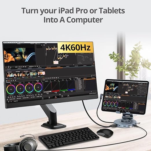 SIIG USB-C Hub Stand - iPhone 15 / iPad mini/Tablet Stand Docking Station Rotatable Base/Foldable Holder 4K 60Hz HDMI USB-A &amp USB-C 5Gbps PD 88W 3.5mm Audio/Mic SD/TF for iPad/Surface Pro 9