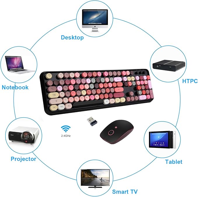Retro Wireless Keyboard and Mouse Set2.4Ghz Colorful Lipstick Style Typewriter Keyboard with Cute Round KeysFull Size Mixed Color Aesthetic Keyboard&amp3 DPI Mouse for PC Laptop Desktop Computer-Bl