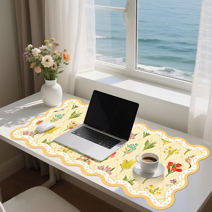 Idocolors Desk Mat for Keyboard and Mouse Large Aesthetic Scalloped Desktop MatCute Washable Non-Slip Computer Desk Mouse Pad for Office Home 31.5x15.7 Yellow Flower