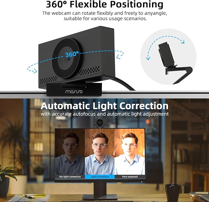 MOSISO 4K Webcam for PC &amp Laptop with Microphone and Webcam Cover Auto Light Correction USB Plug and Play for Live Streaming Video Call Conference Online Lessons Game Black
