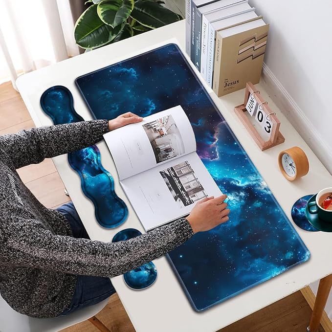 Large XXL Gaming Desk Mat 31.5x 11.8 Ergonomic Keyboard Wrist Rest &amp Mouse Pad Wrist Rest + Coaster Set Non-Slip Base Memory Foam Office and Home Nebular Wolf