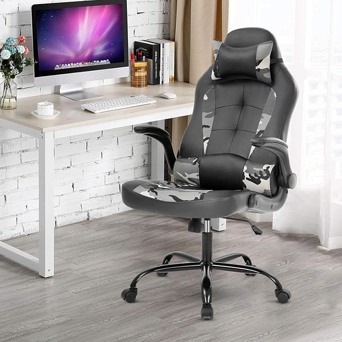Meet Perfect Gaming Ergonomic Office Desk Chair - Leather Computer With Lumbar Support and Head Pillow - Modern Executive Adjustable Rolling Swivel Task for Home Office Camo