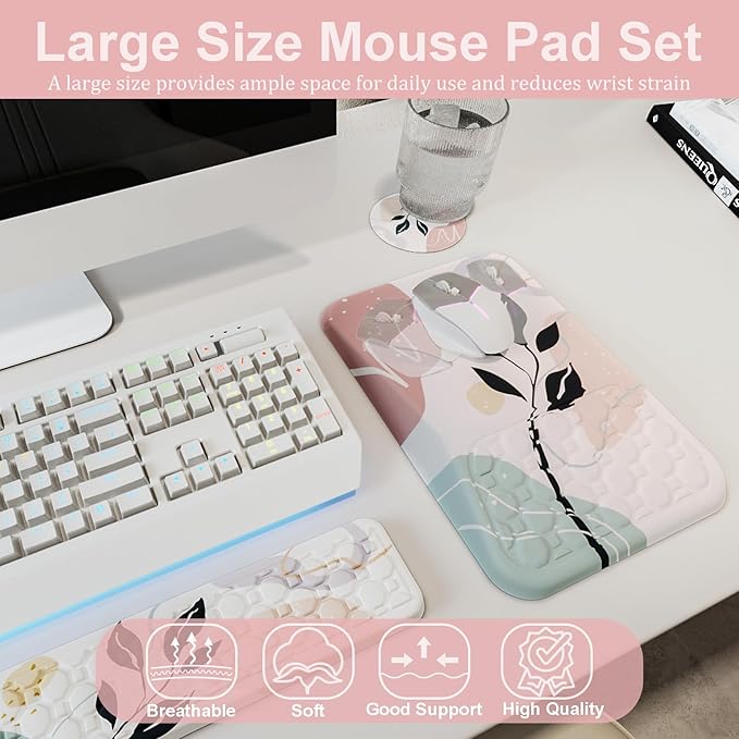 Ospelelf Mouse Pad with Wrist Rest and Keyboard Wrist Rest Ergonomic Wrist Rest for Computer Office Gaming Pink