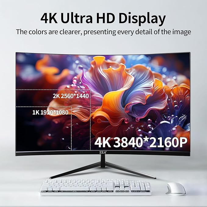 ZZA 32 4K Curved Gaming Monitor - UHD（3840 * 2160） 60Hz Computer Monitor Immersive Gaming Experience with Refresh Rate VA Panel 3000R and Adptsync Premium | HDR10 | 100% sRGB | 3840x2160