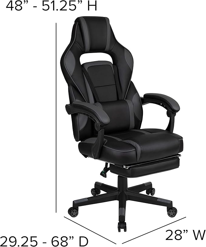 EMMA + OLIVER Black/Gray Ergonomic Gaming Chair -Recline Back/Arms Footrest Massaging Lumbar