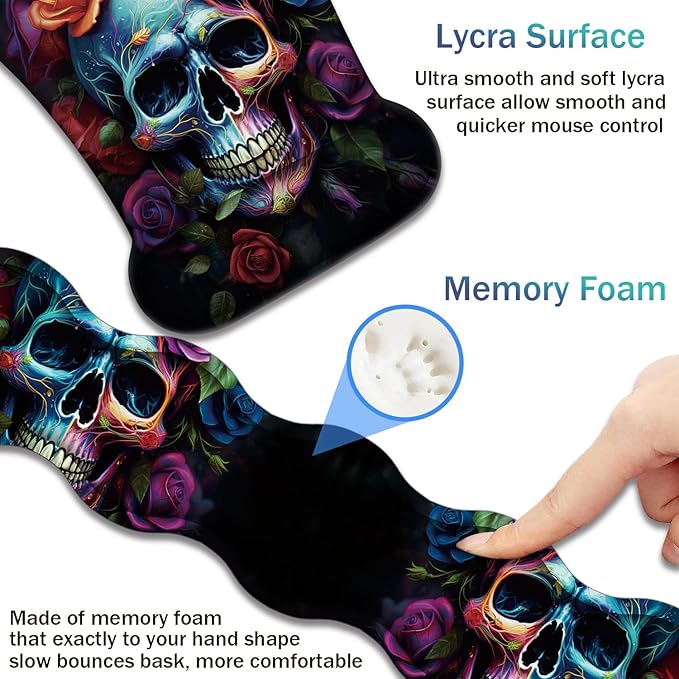 Ergonomic Keyboard Wrist Support Pad and Wrist Support Mouse Pad Anti-Slip with Gel Memory Mouse Pad Set Suitable for Office Use/Home Use - Colorful Rose Flower Skull