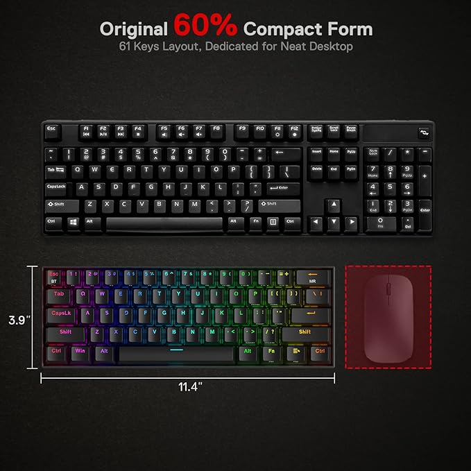 Redragon K530 Pro Draconic 60% Wireless RGB Mechanical Keyboard BT/2.4Ghz/Wired 3-Mode 61 Keys Compact Gaming Keyboard w/Hot-Swap Socket Free-Mod Plate Mounted PCB &amp Clicky Blue Switch