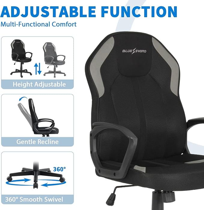 Ergonomic Gaming Chair Adjustable Height Black Office Chair with Lumbar Support and 360° Swivel Home Office Desk Chairs with Armrests for Office or Gaming Easy Assembly